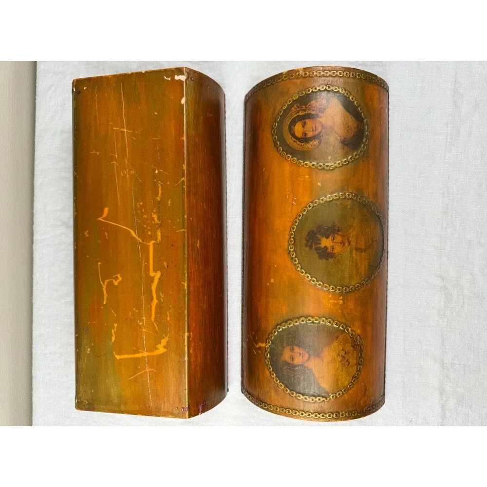 Vintage Hand Painted Dome Top Wooden Trunk Portrait Miniatures Velvet Lined 12in